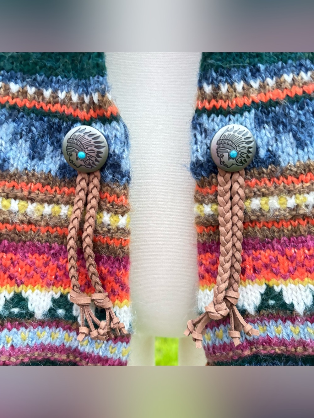 Fair Isle Womens Chunky Cardigan Sweater M Boho Indie Southwestern Concho Tassel - Picture 7 of 16